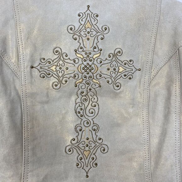 Powder River Panhandle Slim Leather Jacket Small Beige Studded Embroidered Cross - Picture 6 of 12